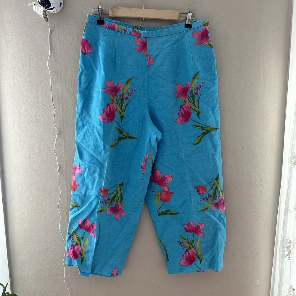 Vintage Talbots Petite Womens Floral Linen Blend Crop Pants Size 14 Blue Garden